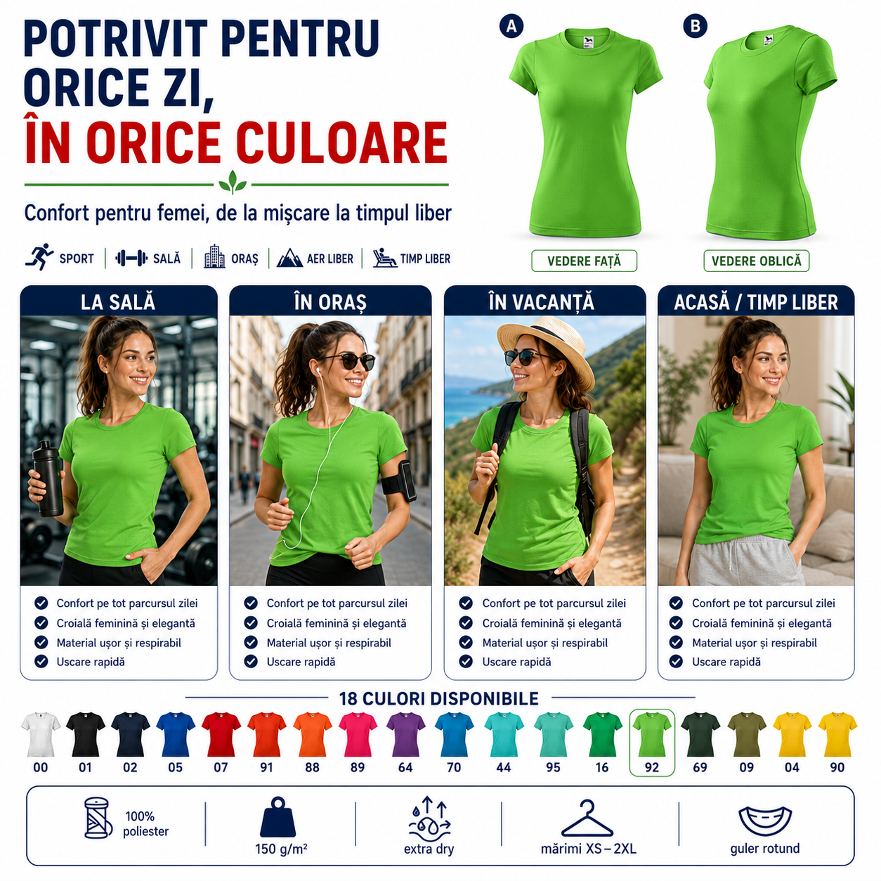 Tricou sport damă disponibil &icirc;n 18 culori, paletă variată pentru sport, fitness și timp liber
